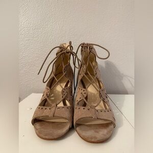 Nine West Taupe Suede Lace-Up Peep Toe Heels
